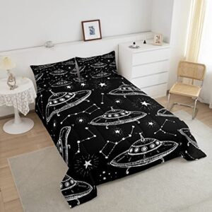 Spaceship Comforter Set King Size,Starry Galaxy Universe Bedding Set for Kids Boys Home Room,12 Constellation Quilt Set Fantasy Black Duvet Insert with 2 Pillowcases