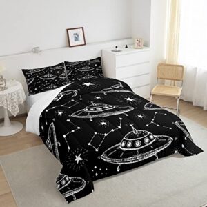 Spaceship Comforter Set King Size,Starry Galaxy Universe Bedding Set for Kids Boys Home Room,12 Constellation Quilt Set Fantasy Black Duvet Insert with 2 Pillowcases