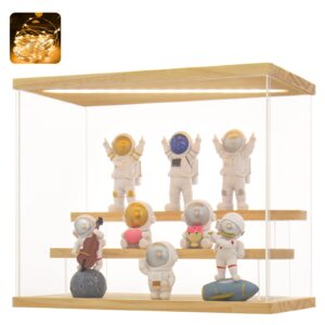 lasoa 3 tier acrylic display case for collectibles with led light, display box with wood base and lid, self-assembly clear shelf showcase for figurine memorabilia (11.8x6.5x9.4inch;30x16.5x24cm)