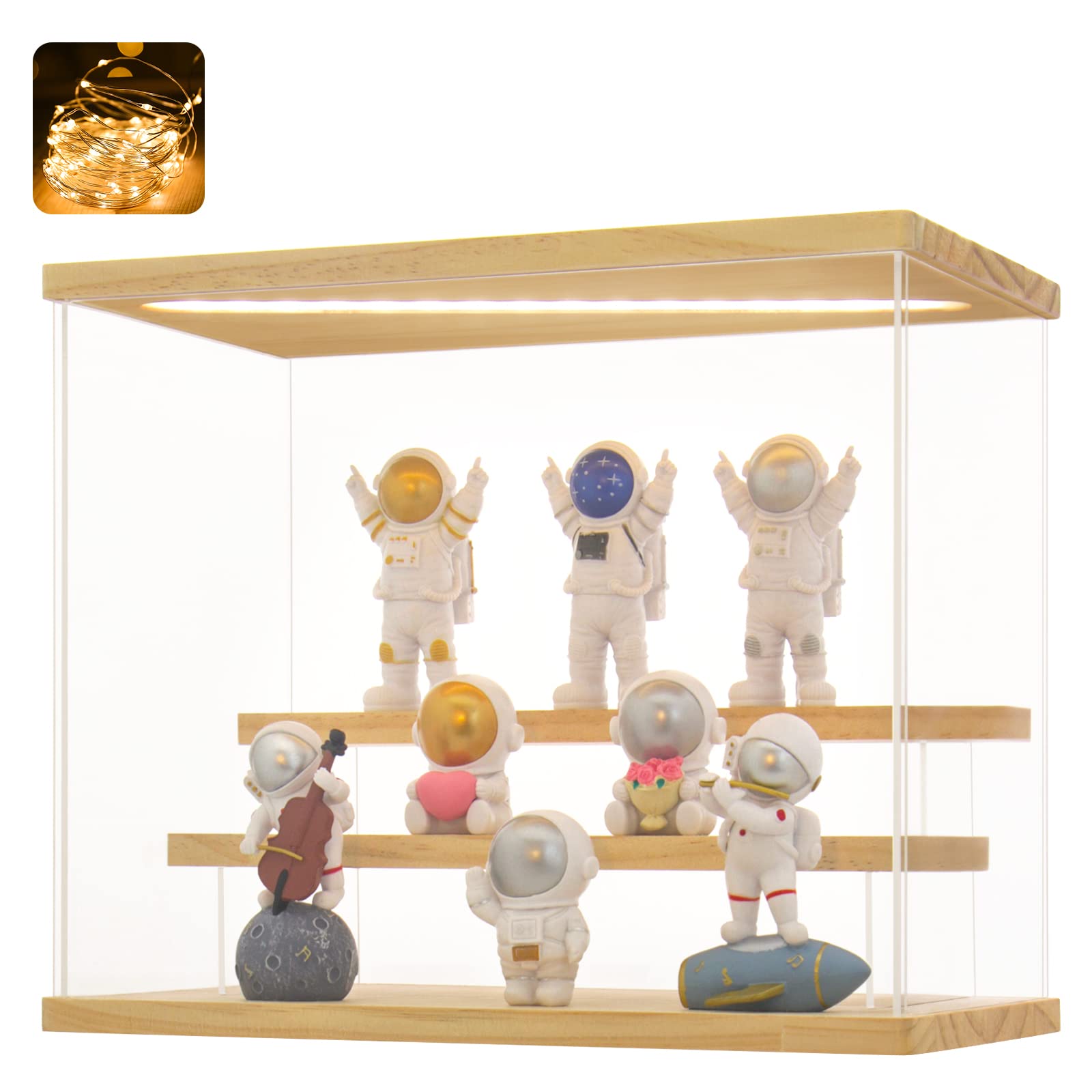 LASOA 3 Tier Acrylic Display Case for Collectibles with LED Light, Display Box with Wood Base and Lid, Self-Assembly Clear Shelf Showcase for Figurine Memorabilia (11.8x6.5x9.4inch;30x16.5x24cm)