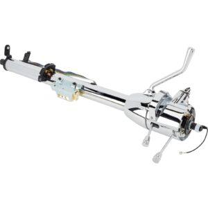 universal gm tilt steering column with shifter, 30" chrome, 2-inch diameter with 5-position tilt, compatible with ’69-’94 gm specs, includes billet accessories and adaptable wiring