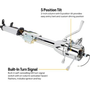 Universal GM Tilt Steering Column with Shifter, 30" Chrome, 2-inch Diameter with 5-Position Tilt, Compatible with ’69-’94 GM Specs, Includes Billet Accessories and Adaptable Wiring