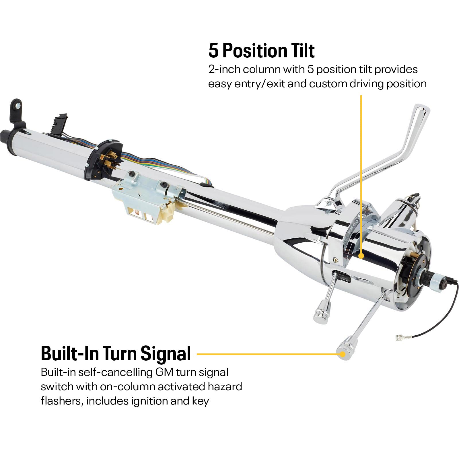 Universal GM Tilt Steering Column with Shifter, 30" Chrome, 2-inch Diameter with 5-Position Tilt, Compatible with ’69-’94 GM Specs, Includes Billet Accessories and Adaptable Wiring