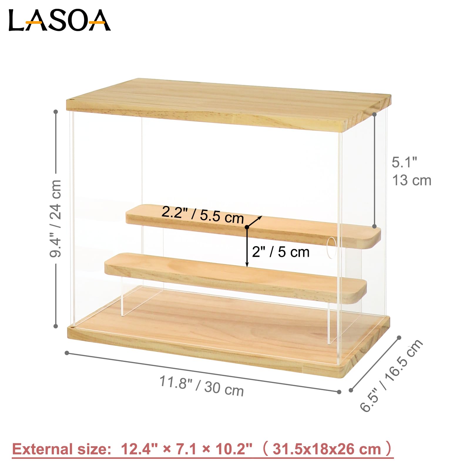 LASOA 3 Tier Acrylic Display Case for Collectibles with LED Light, Display Box with Wood Base and Lid, Self-Assembly Clear Shelf Showcase for Figurine Memorabilia (11.8x6.5x9.4inch;30x16.5x24cm)