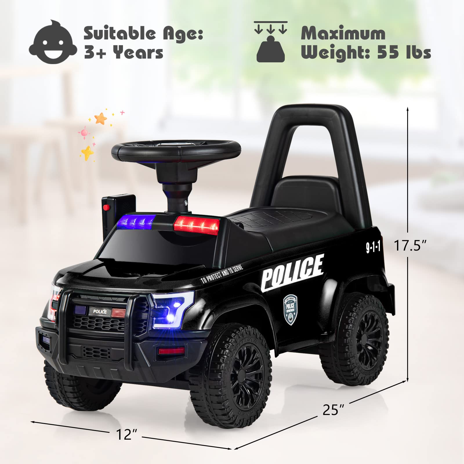 OLAKIDS Ride On Push Police Car, Toddler Foot-to-Floor Sliding Toy with Siren, Steering Wheel, Megaphone, Horn, Headlights, Under Seat Storage, Kids Racer Walking Gift for Boys Girls 1-3 (Black)