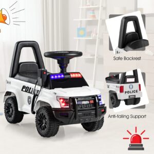 OLAKIDS Ride On Push Police Car, Toddler Foot-to-Floor Sliding Toy with Siren, Steering Wheel, Megaphone, Horn, Headlights, Under Seat Storage, Kids Racer Walking Gift for Boys Girls 1-3 (White)