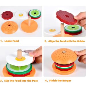 Wooden Burger Sandwich Stacking Toys for Kids, Play Food Toy for Toddlers, Montessori Toys for 3 Year Old, Preschool Educational Toys to Develop Fine Motor Skills