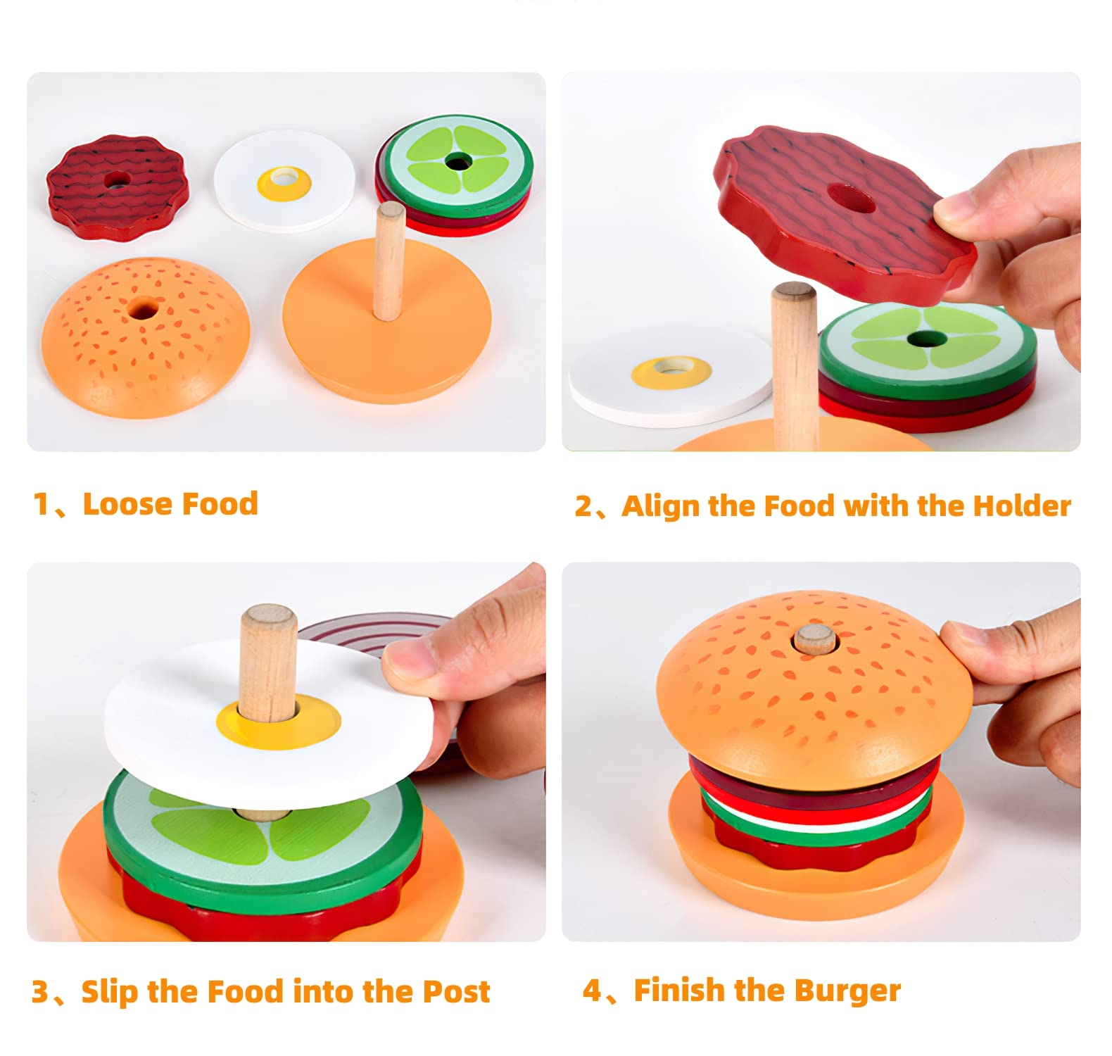 Wooden Burger Sandwich Stacking Toys for Kids, Play Food Toy for Toddlers, Montessori Toys for 3 Year Old, Preschool Educational Toys to Develop Fine Motor Skills