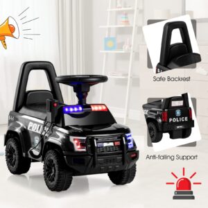 OLAKIDS Ride On Push Police Car, Toddler Foot-to-Floor Sliding Toy with Siren, Steering Wheel, Megaphone, Horn, Headlights, Under Seat Storage, Kids Racer Walking Gift for Boys Girls 1-3 (Black)