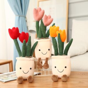 quioee 3pcs tulip plush toy, stuffed flower pot throw plushie doll, soft plush toys indoor decoration festival gifts (tulip-red+ orange+ pink)