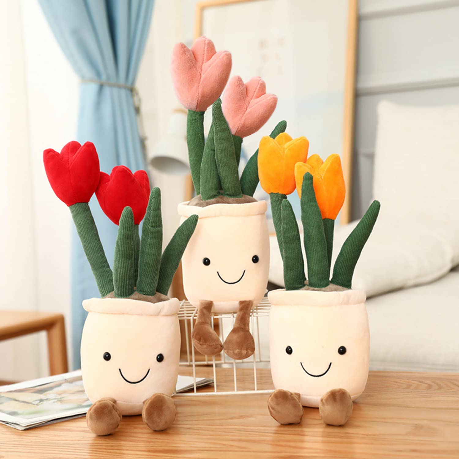 Quioee 3pcs Tulip Plush Toy, Stuffed Flower Pot Throw Plushie Doll, Soft Plush Toys Indoor Decoration Festival Gifts (Tulip-Red+ Orange+ Pink)