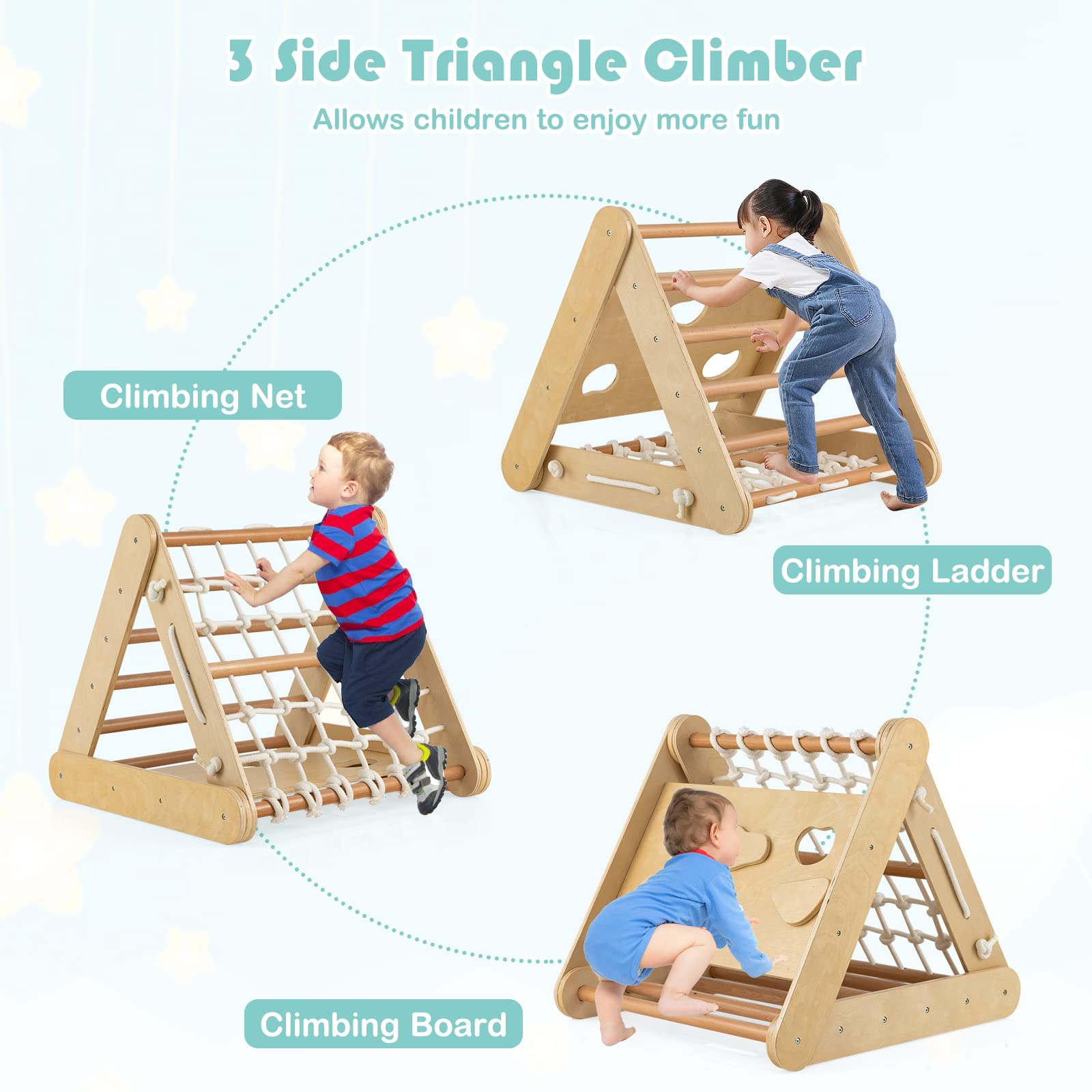 HONEY JOY 4-in-1 Triangle Climber with Ramp, 3-Side Kids Climbing Triangle Ladder with Net Rope & Bars, Wooden Montessori Climbing Toys for Toddlers Daycare, Gym & Playground, Gift for Boys Girls