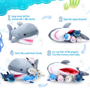 Kasyat 18 Inch Plush Shark Stuffed Animal with 4 Different Breeds of Little Sharks, Zippered Stuffed Shark Plush Toy, Large Stuffed Animals for Little Teens