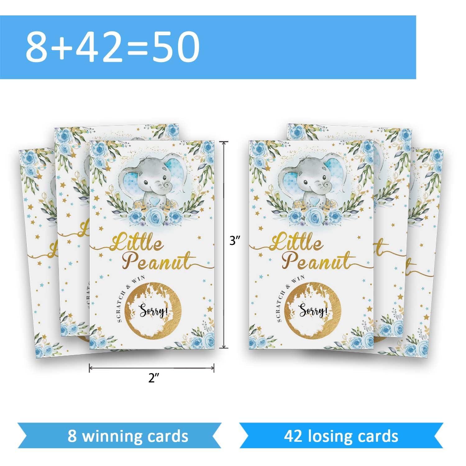 50 Baby Shower Scratch Off Game, Blue Elephant Rose Lucky Draw Card，Party Activities, Decorations, and Supplies- It's a Boy