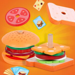 Wooden Burger Sandwich Stacking Toys for Kids, Play Food Toy for Toddlers, Montessori Toys for 3 Year Old, Preschool Educational Toys to Develop Fine Motor Skills