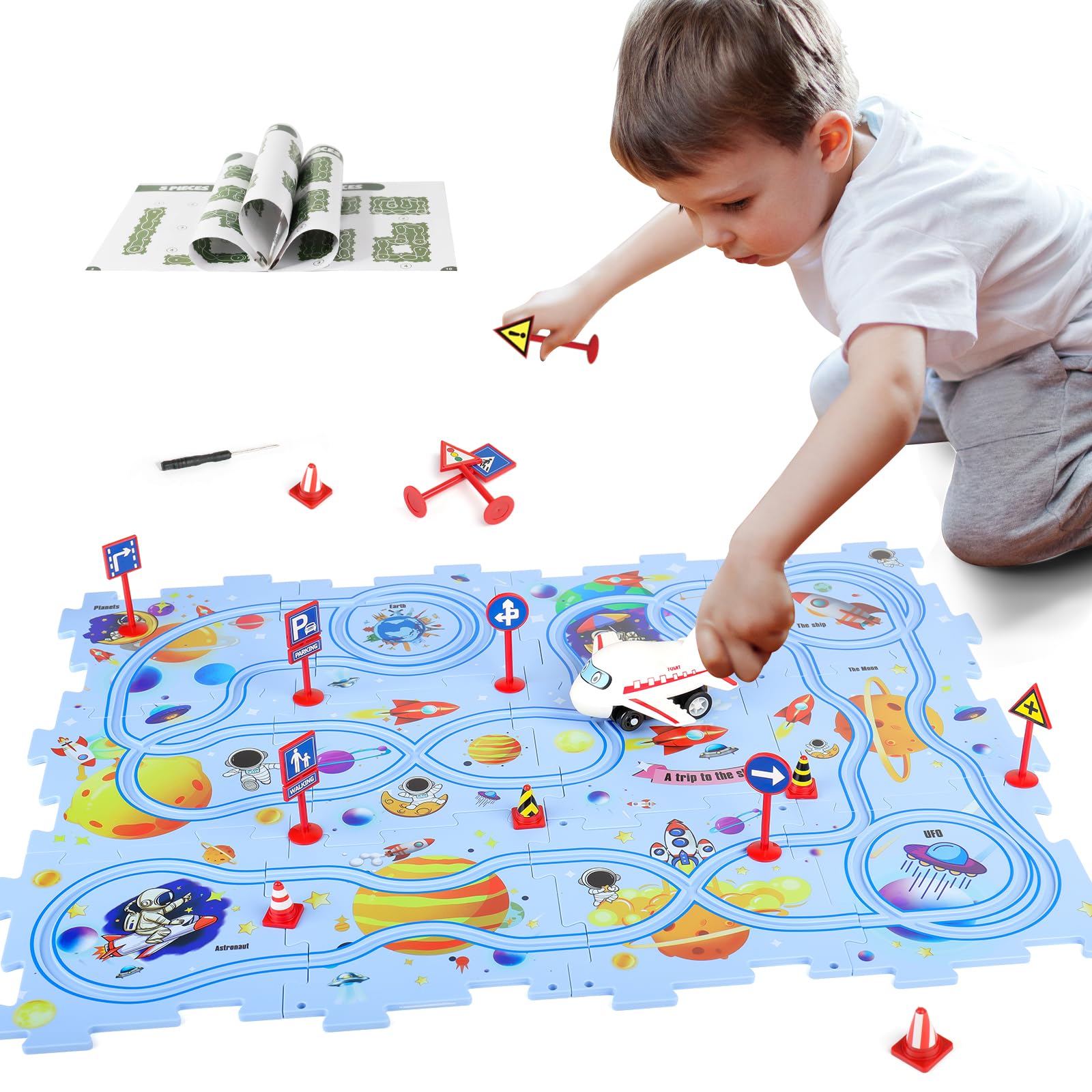 YOOYID Plastic Puzzles for Kids Ages 3-5 with A Cute Vehicle, Toddler Puzzle Track Play Set Gift, Race Tracks for Kids 3-5, Toys for 3 4 5 6 Year Old Boys Girls, Montessori Toys for Kids