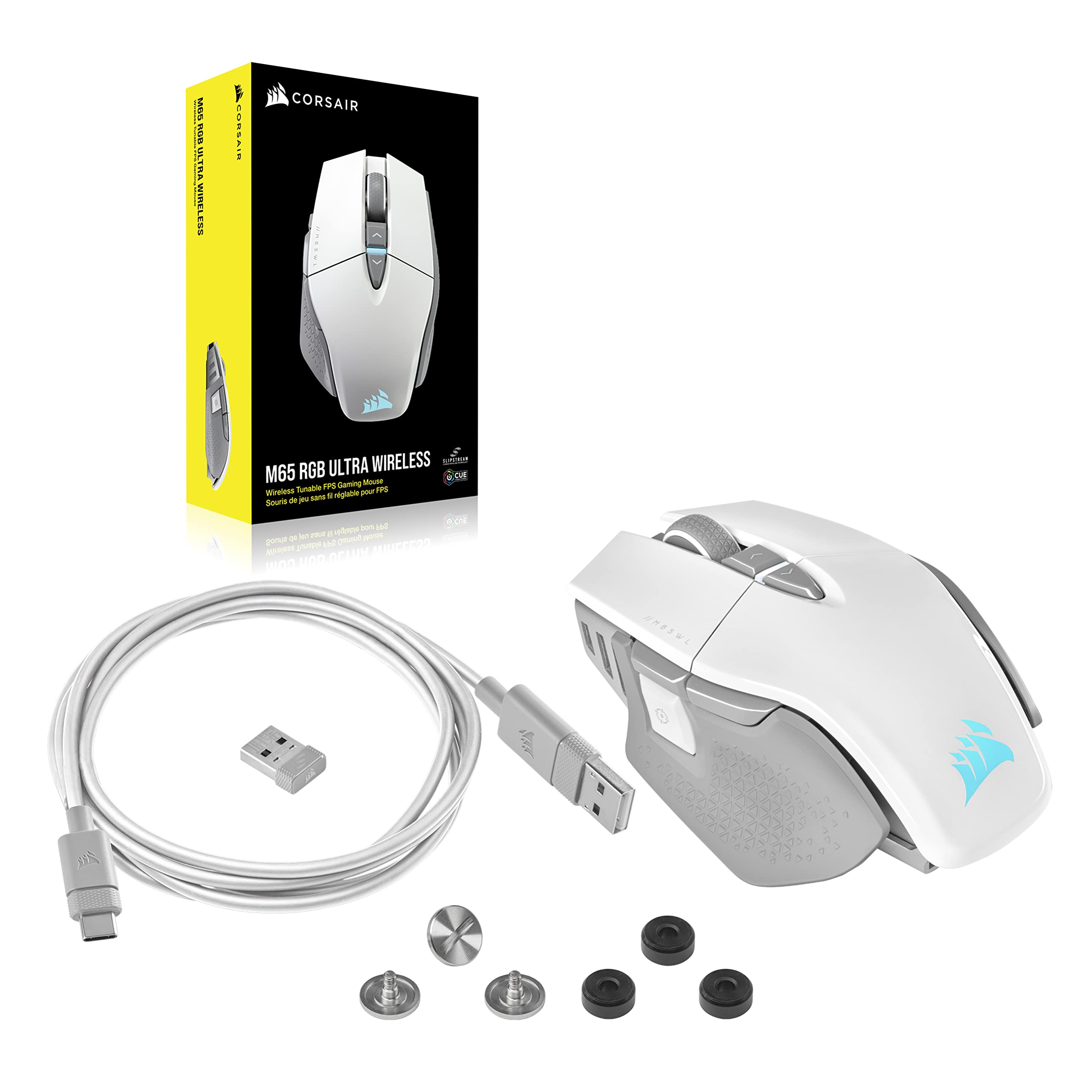 Corsair M65 RGB Ultra Wireless Tunable FPS Gaming Mouse - Sub-1ms Slipstream Wireless Technology, 26,000 DPI Optical Sensor, Up to 120 Hours of Battery Life, 8 Programmable Buttons - White