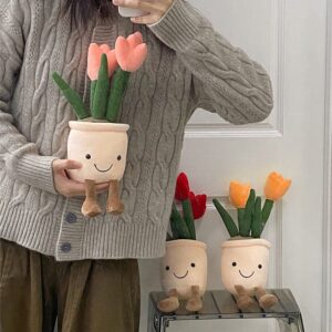 Quioee 3pcs Tulip Plush Toy, Stuffed Flower Pot Throw Plushie Doll, Soft Plush Toys Indoor Decoration Festival Gifts (Tulip-Red+ Orange+ Pink)