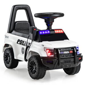 OLAKIDS Ride On Push Police Car, Toddler Foot-to-Floor Sliding Toy with Siren, Steering Wheel, Megaphone, Horn, Headlights, Under Seat Storage, Kids Racer Walking Gift for Boys Girls 1-3 (White)