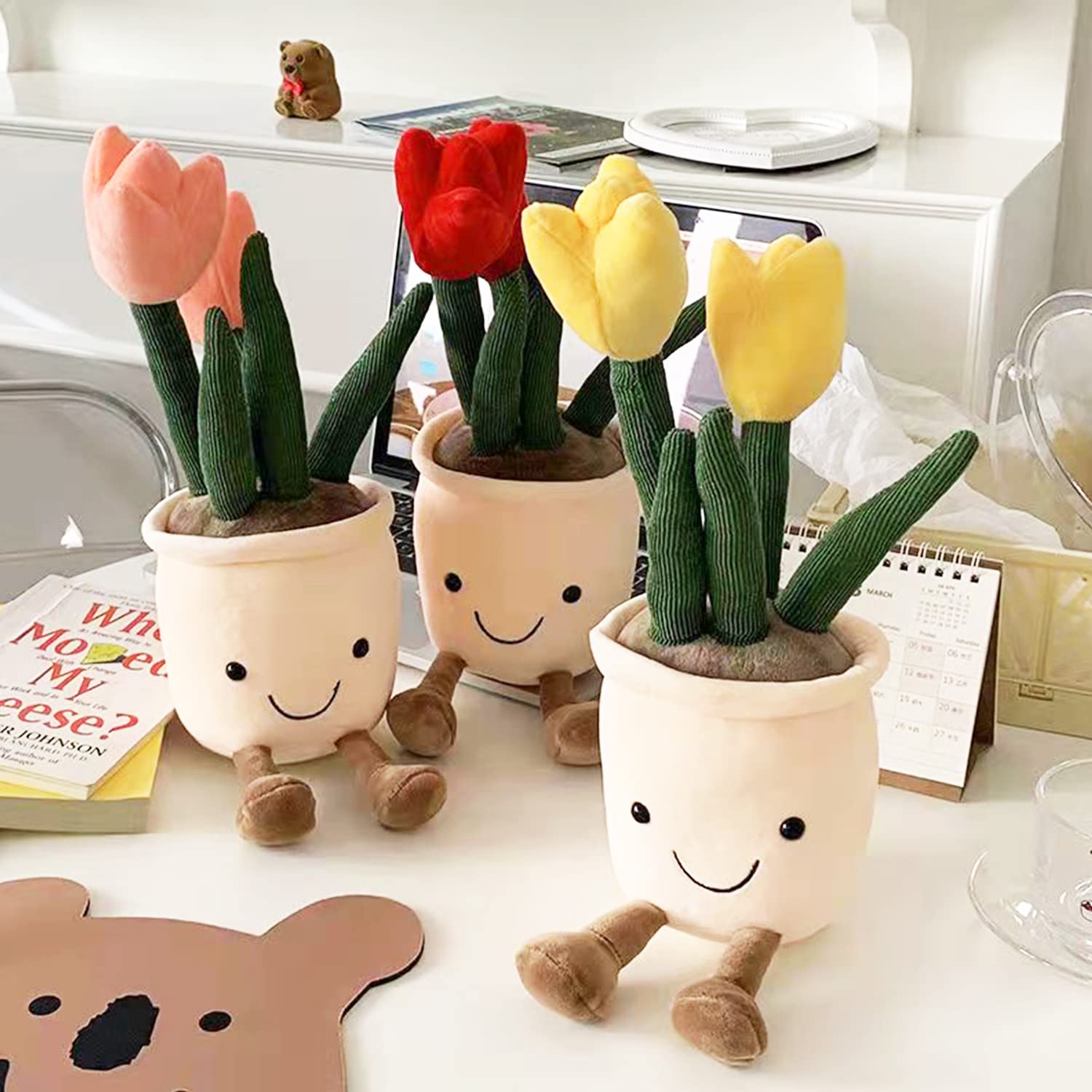 Quioee 3pcs Tulip Plush Toy, Stuffed Flower Pot Throw Plushie Doll, Soft Plush Toys Indoor Decoration Festival Gifts (Tulip-Red+ Orange+ Pink)