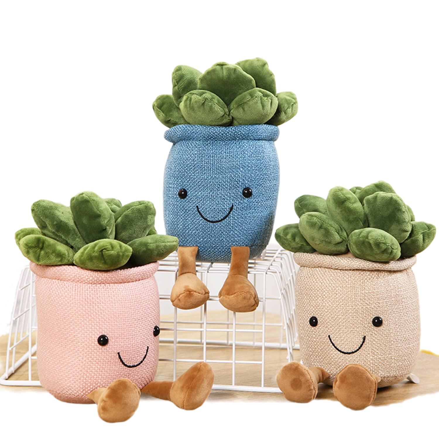 Quioee 3pcs Succulent Plush Toy Potted Plants Plush Doll, Simulation Succulent Plushies Home Decoration Stuffed Soft Plushies (Pink+White+Blue)