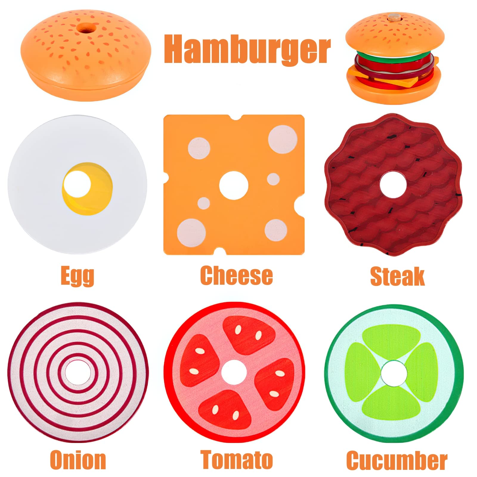 Wooden Burger Sandwich Stacking Toys for Kids, Play Food Toy for Toddlers, Montessori Toys for 3 Year Old, Preschool Educational Toys to Develop Fine Motor Skills