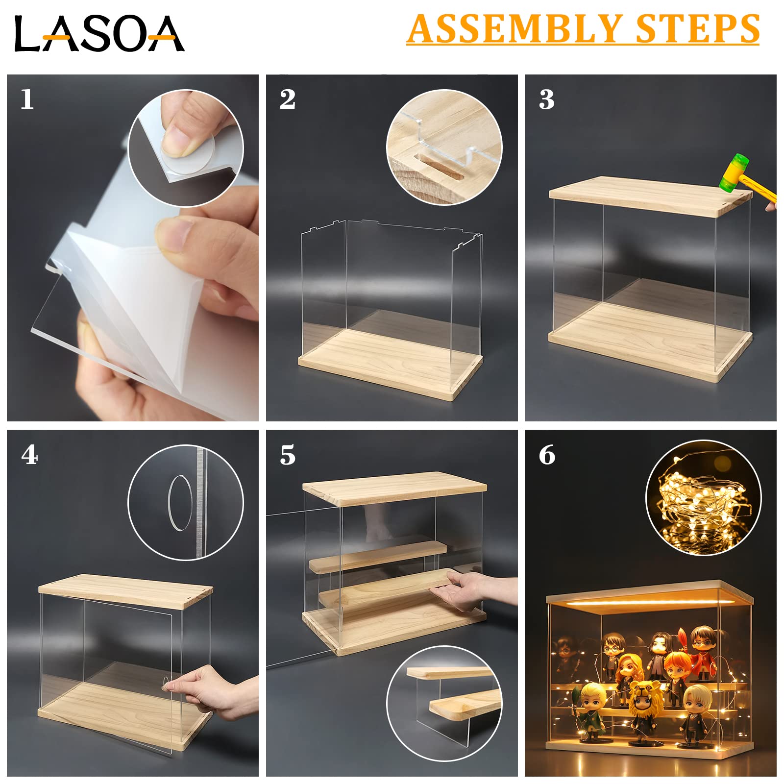 LASOA 3 Tier Acrylic Display Case for Collectibles with LED Light, Display Box with Wood Base and Lid, Self-Assembly Clear Shelf Showcase for Figurine Memorabilia (11.8x6.5x9.4inch;30x16.5x24cm)