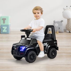 OLAKIDS Ride On Push Police Car, Toddler Foot-to-Floor Sliding Toy with Siren, Steering Wheel, Megaphone, Horn, Headlights, Under Seat Storage, Kids Racer Walking Gift for Boys Girls 1-3 (Black)