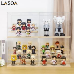 LASOA 3 Tier Acrylic Display Case for Collectibles with LED Light, Display Box with Wood Base and Lid, Self-Assembly Clear Shelf Showcase for Figurine Memorabilia (11.8x6.5x9.4inch;30x16.5x24cm)