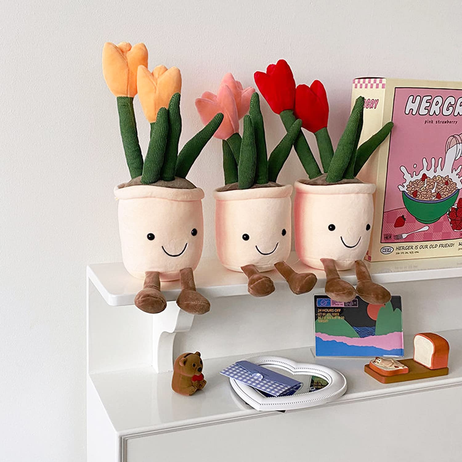 Quioee 3pcs Tulip Plush Toy, Stuffed Flower Pot Throw Plushie Doll, Soft Plush Toys Indoor Decoration Festival Gifts (Tulip-Red+ Orange+ Pink)