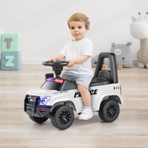 OLAKIDS Ride On Push Police Car, Toddler Foot-to-Floor Sliding Toy with Siren, Steering Wheel, Megaphone, Horn, Headlights, Under Seat Storage, Kids Racer Walking Gift for Boys Girls 1-3 (White)