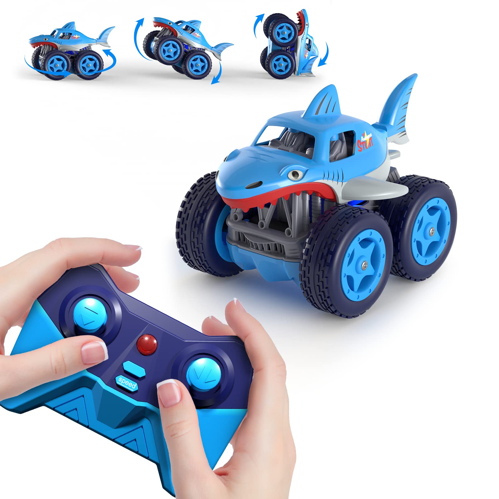 MaxTronic Mini Remote Control Car, 4WD 2.4Ghz Remote Control 360° Rotating Built-in Rechargable Battery Fast Mini Stunt RC Car, Shark Car Truck Toys Gifts for 3-12 Years Old Boys Girls