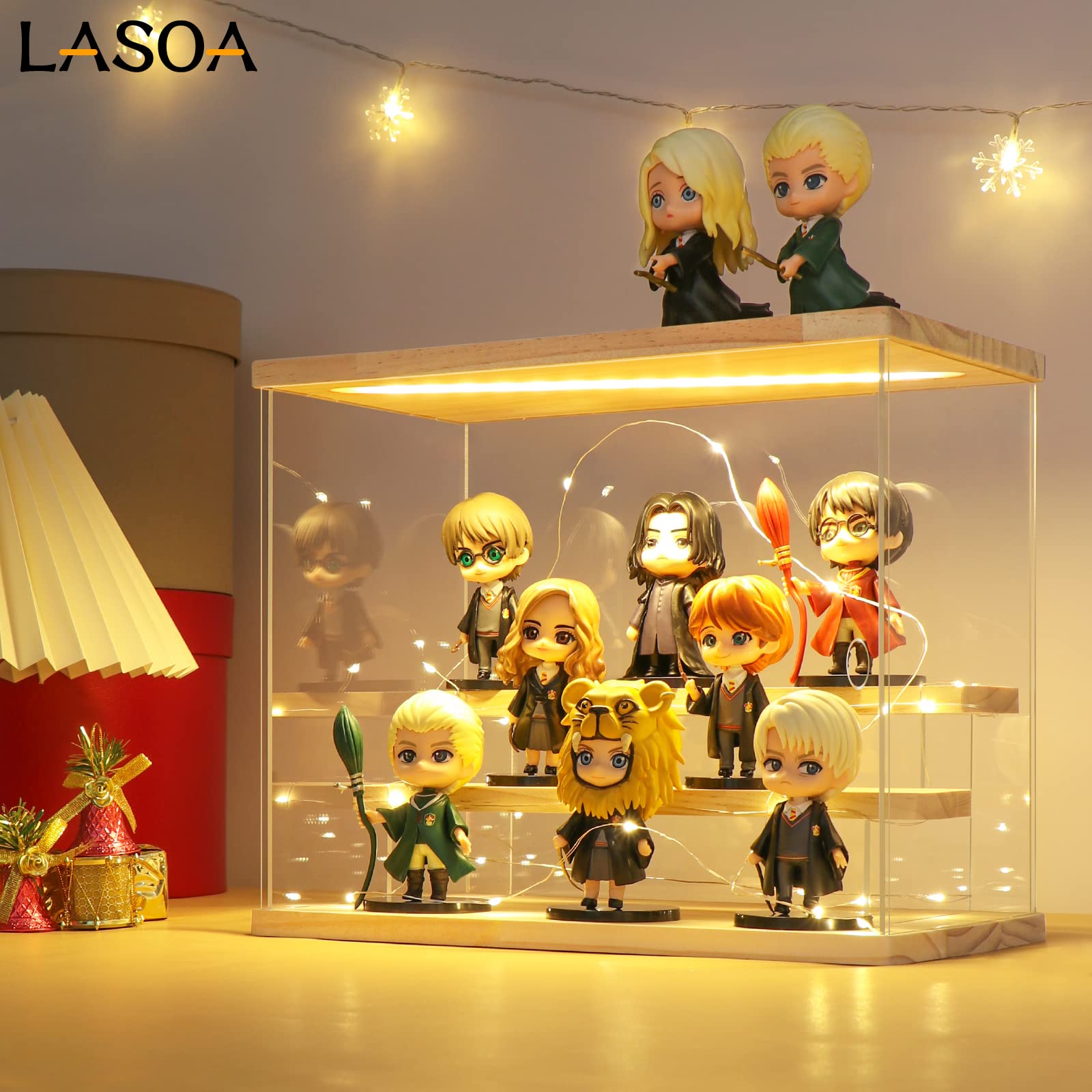 LASOA 3 Tier Acrylic Display Case for Collectibles with LED Light, Display Box with Wood Base and Lid, Self-Assembly Clear Shelf Showcase for Figurine Memorabilia (11.8x6.5x9.4inch;30x16.5x24cm)