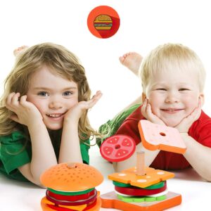 Wooden Burger Sandwich Stacking Toys for Kids, Play Food Toy for Toddlers, Montessori Toys for 3 Year Old, Preschool Educational Toys to Develop Fine Motor Skills