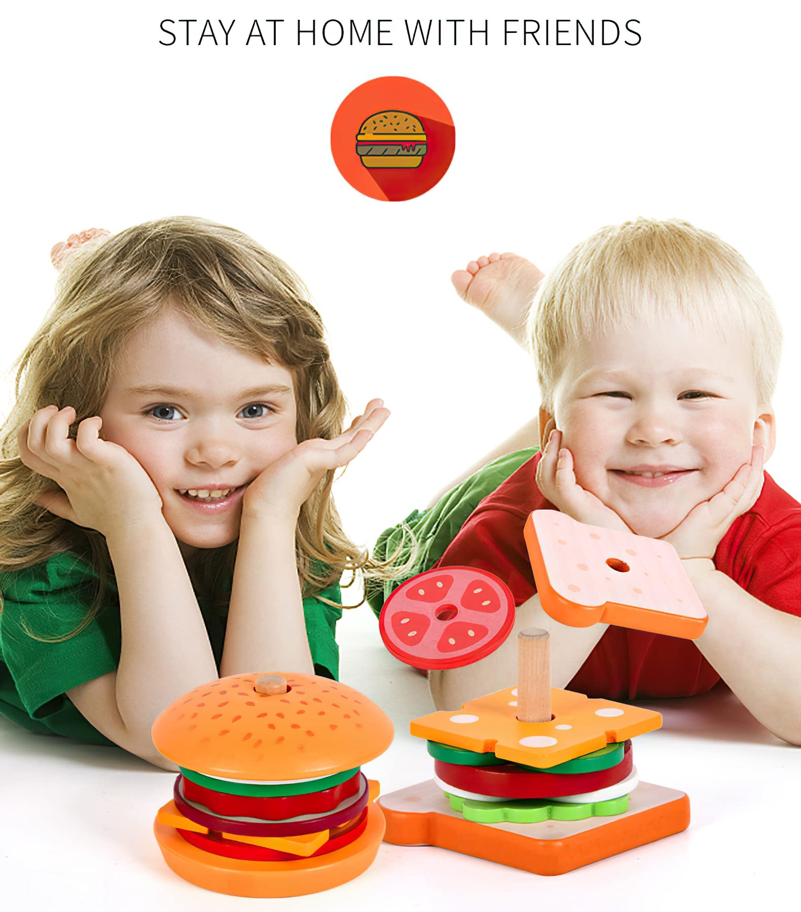 Wooden Burger Sandwich Stacking Toys for Kids, Play Food Toy for Toddlers, Montessori Toys for 3 Year Old, Preschool Educational Toys to Develop Fine Motor Skills