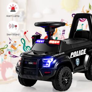 OLAKIDS Ride On Push Police Car, Toddler Foot-to-Floor Sliding Toy with Siren, Steering Wheel, Megaphone, Horn, Headlights, Under Seat Storage, Kids Racer Walking Gift for Boys Girls 1-3 (Black)