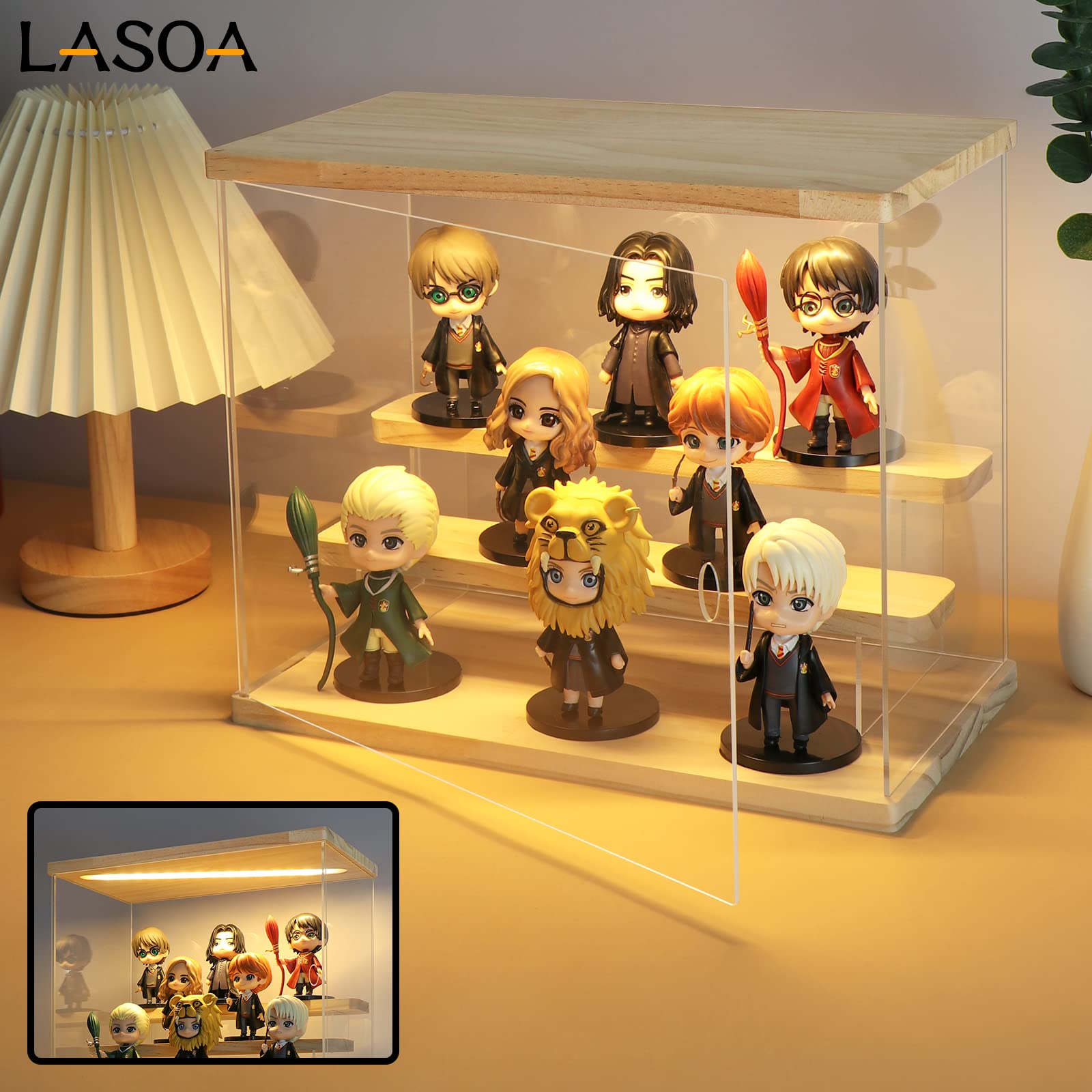 LASOA 3 Tier Acrylic Display Case for Collectibles with LED Light, Display Box with Wood Base and Lid, Self-Assembly Clear Shelf Showcase for Figurine Memorabilia (11.8x6.5x9.4inch;30x16.5x24cm)