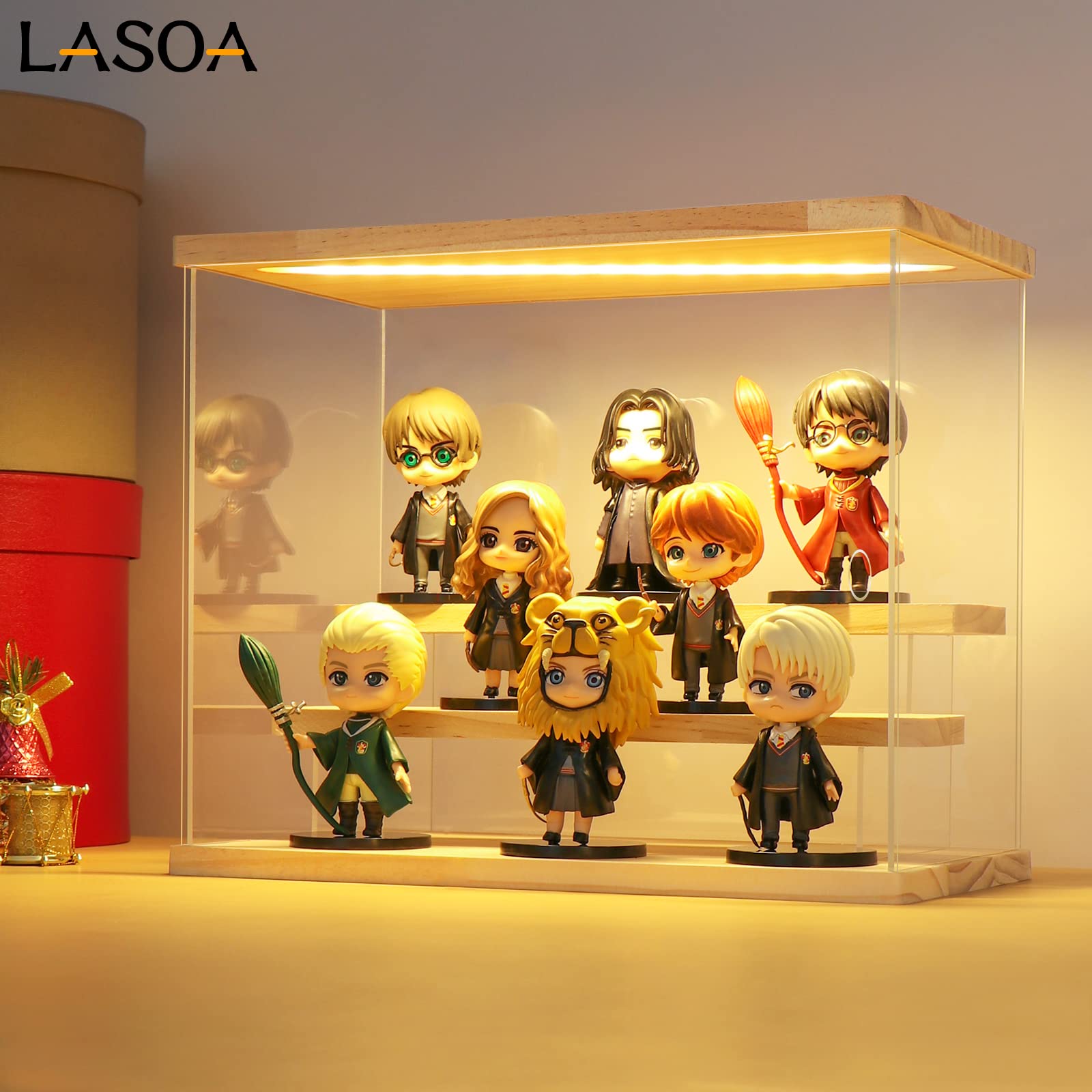 LASOA 3 Tier Acrylic Display Case for Collectibles with LED Light, Display Box with Wood Base and Lid, Self-Assembly Clear Shelf Showcase for Figurine Memorabilia (11.8x6.5x9.4inch;30x16.5x24cm)