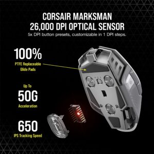 Corsair M65 RGB Ultra Wireless Tunable FPS Gaming Mouse - Sub-1ms Slipstream Wireless Technology, 26,000 DPI Optical Sensor, Up to 120 Hours of Battery Life, 8 Programmable Buttons - White