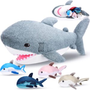 Kasyat 18 Inch Plush Shark Stuffed Animal with 4 Different Breeds of Little Sharks, Zippered Stuffed Shark Plush Toy, Large Stuffed Animals for Little Teens