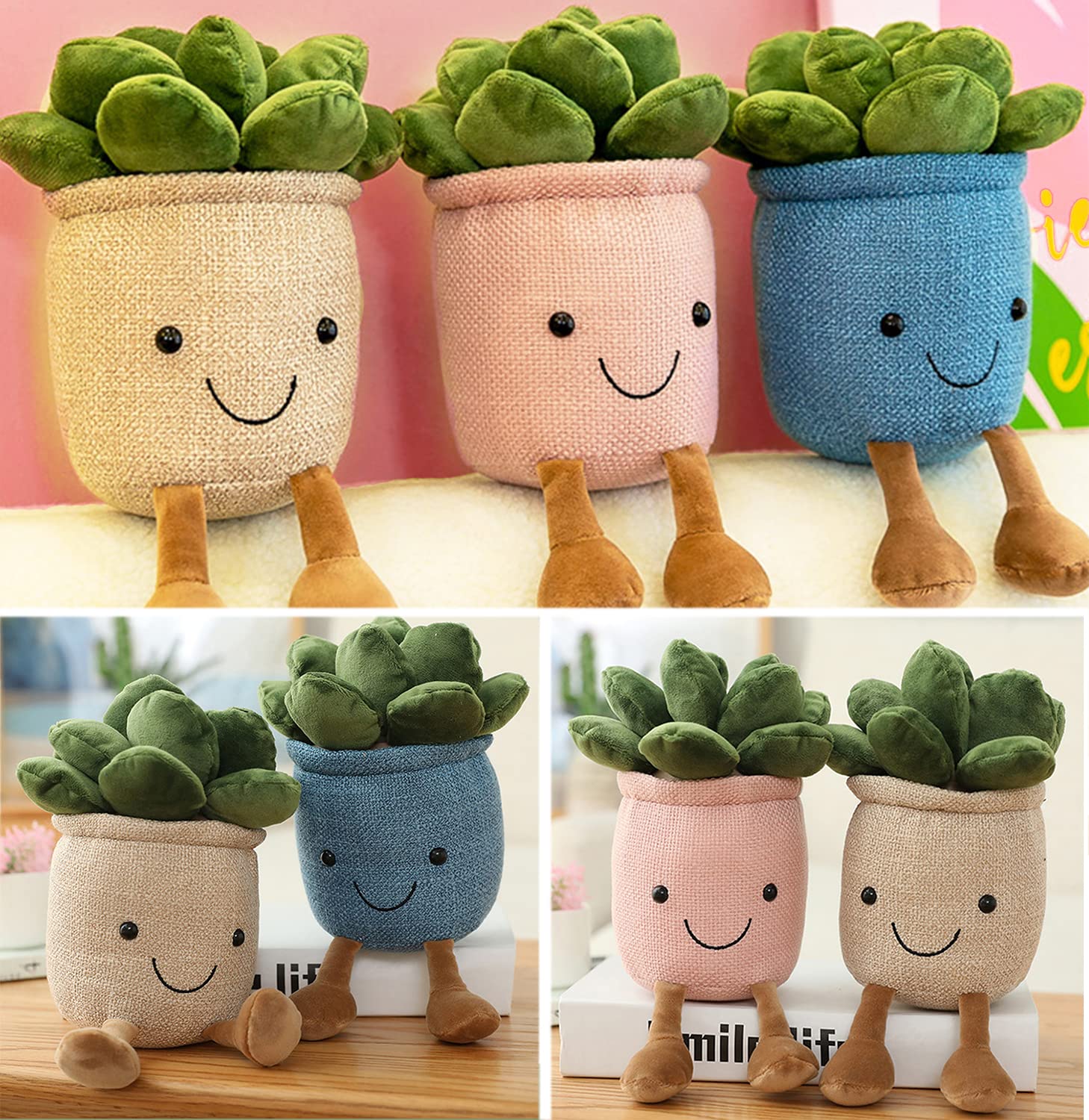 Quioee 3pcs Succulent Plush Toy Potted Plants Plush Doll, Simulation Succulent Plushies Home Decoration Stuffed Soft Plushies (Pink+White+Blue)