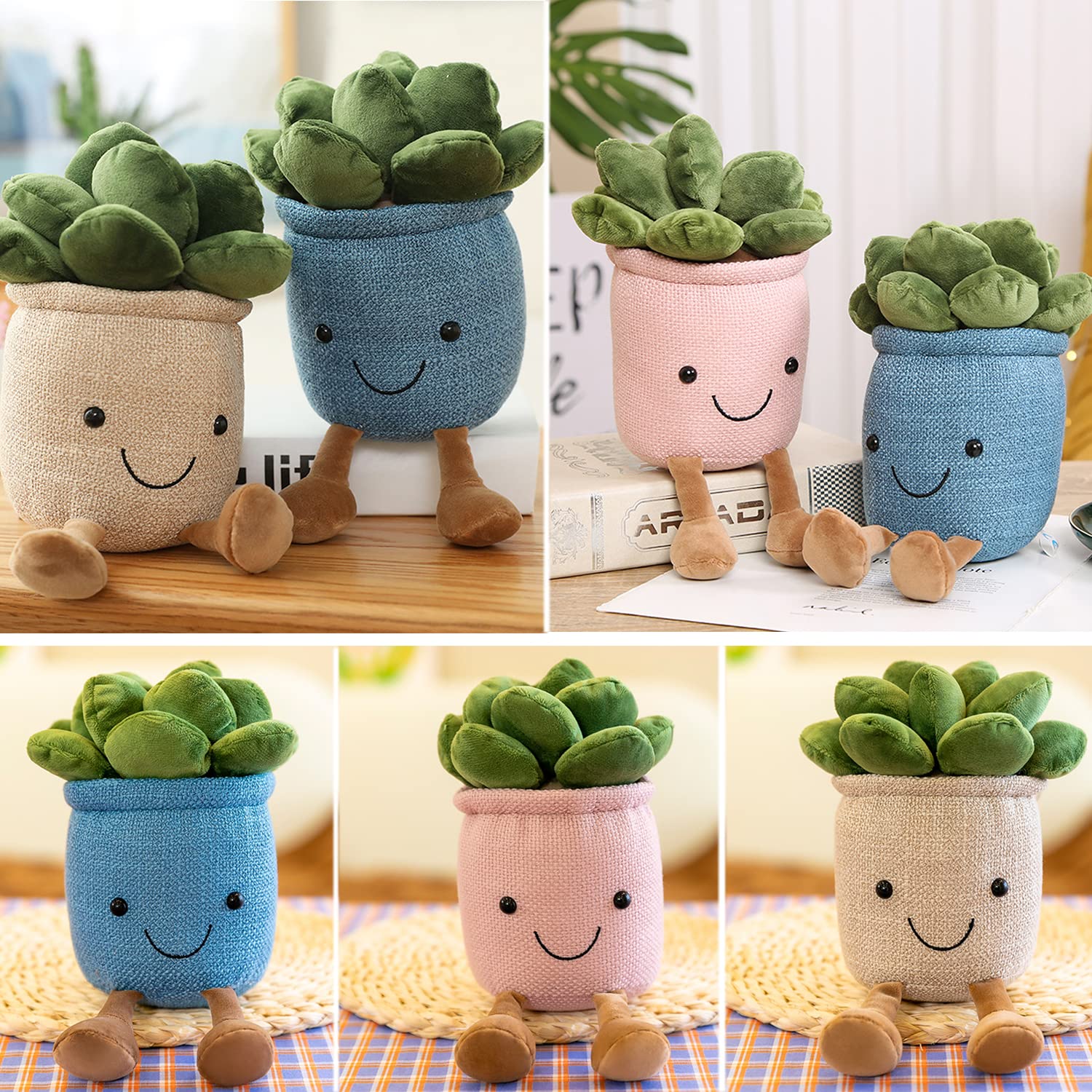 Evlooe 3pcs Succulents Plush Toy, Cute Succulents Plushies, Stuffed Potted Plants Plush Doll, Soft Plush Succulent Gifts for Kids Boys (Pink+White+Blue)