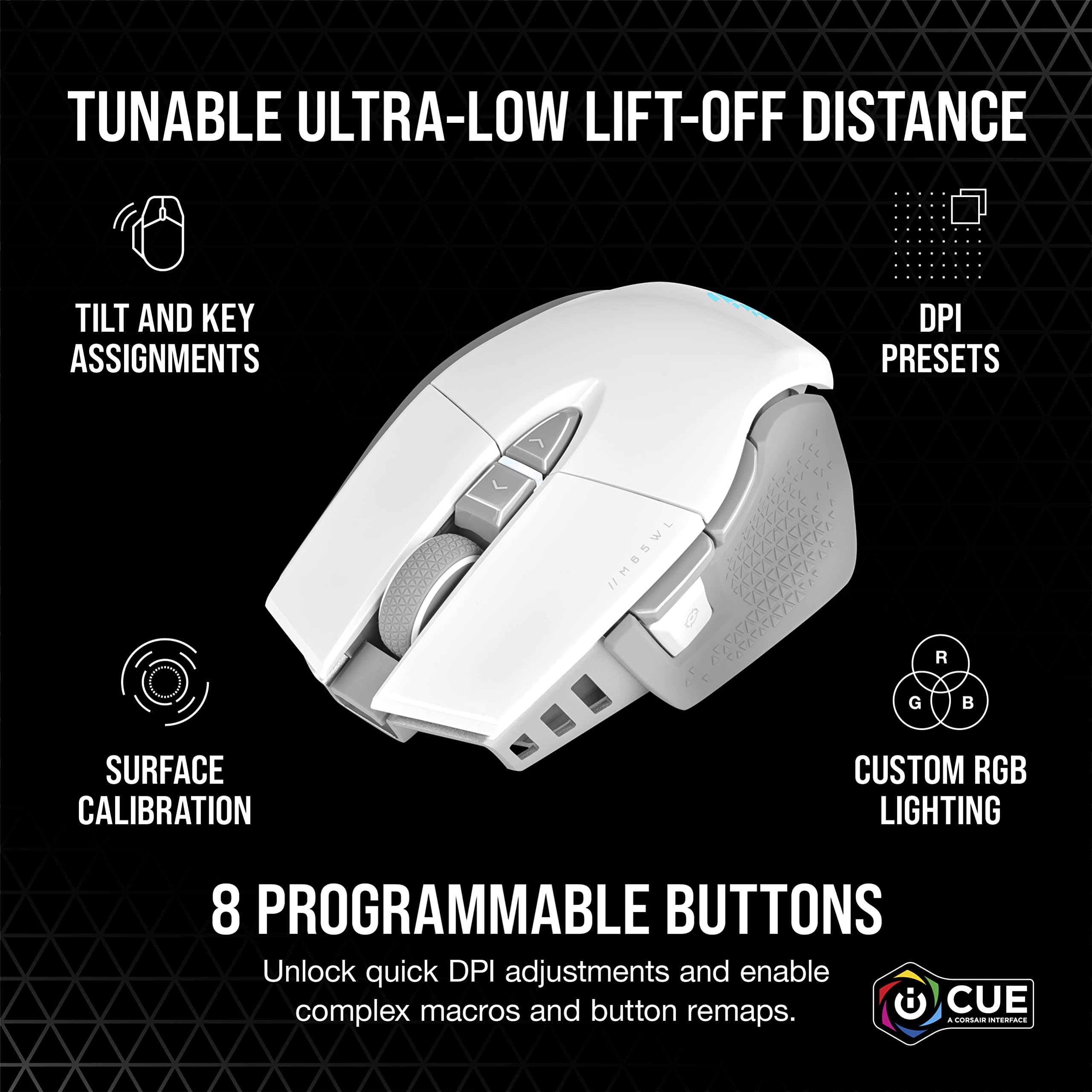 Corsair M65 RGB Ultra Wireless Tunable FPS Gaming Mouse - Sub-1ms Slipstream Wireless Technology, 26,000 DPI Optical Sensor, Up to 120 Hours of Battery Life, 8 Programmable Buttons - White