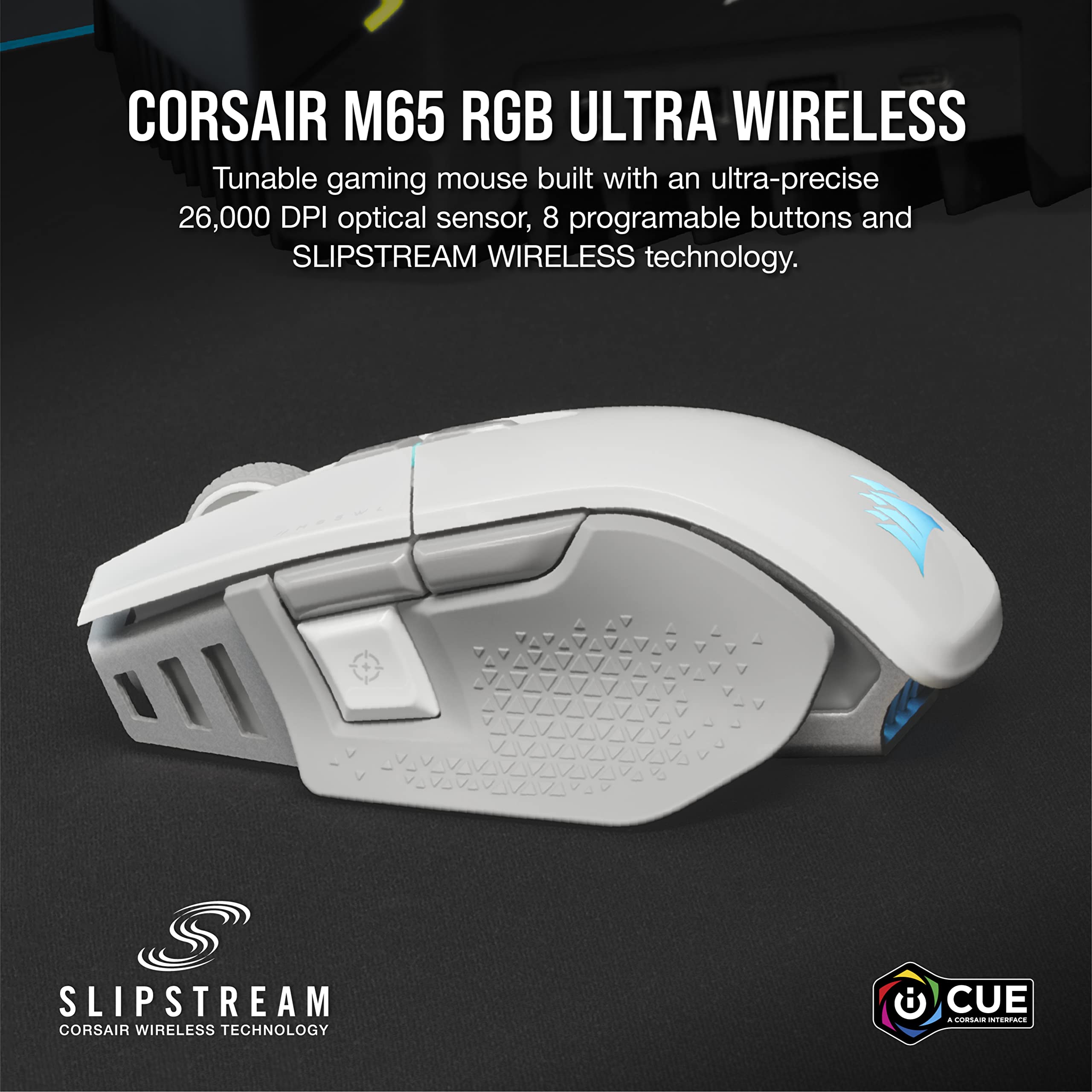 Corsair M65 RGB Ultra Wireless Tunable FPS Gaming Mouse - Sub-1ms Slipstream Wireless Technology, 26,000 DPI Optical Sensor, Up to 120 Hours of Battery Life, 8 Programmable Buttons - White