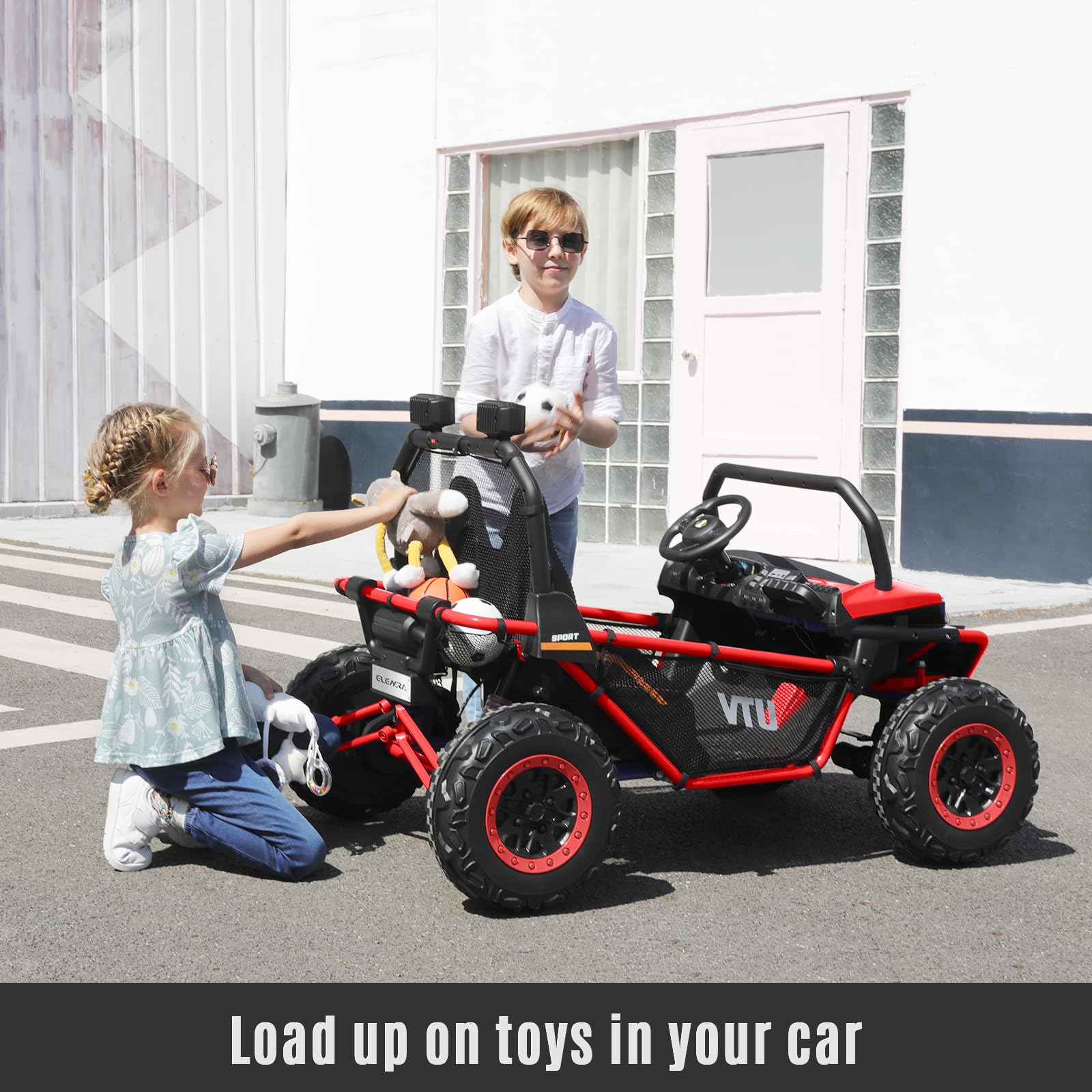 ELEMARA 2 Seater Ride on Car,12V Battery Powered Off-Road UTV Toy,4WD Electric Car with Remote Control,LED Lights,Bluetooth, 3 Speeds,2 Spring Suspension for 3-8 Boys & Girls,Red,48.2"x31"x31.5"