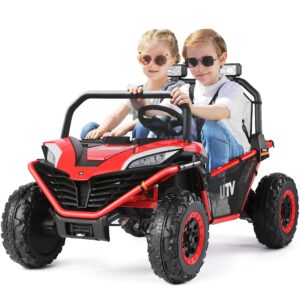 elemara 2 seater ride on car,12v battery powered off-road utv toy,4wd electric car with remote control,led lights,bluetooth, 3 speeds,2 spring suspension for 3-8 boys & girls,red,48.2"x31"x31.5"