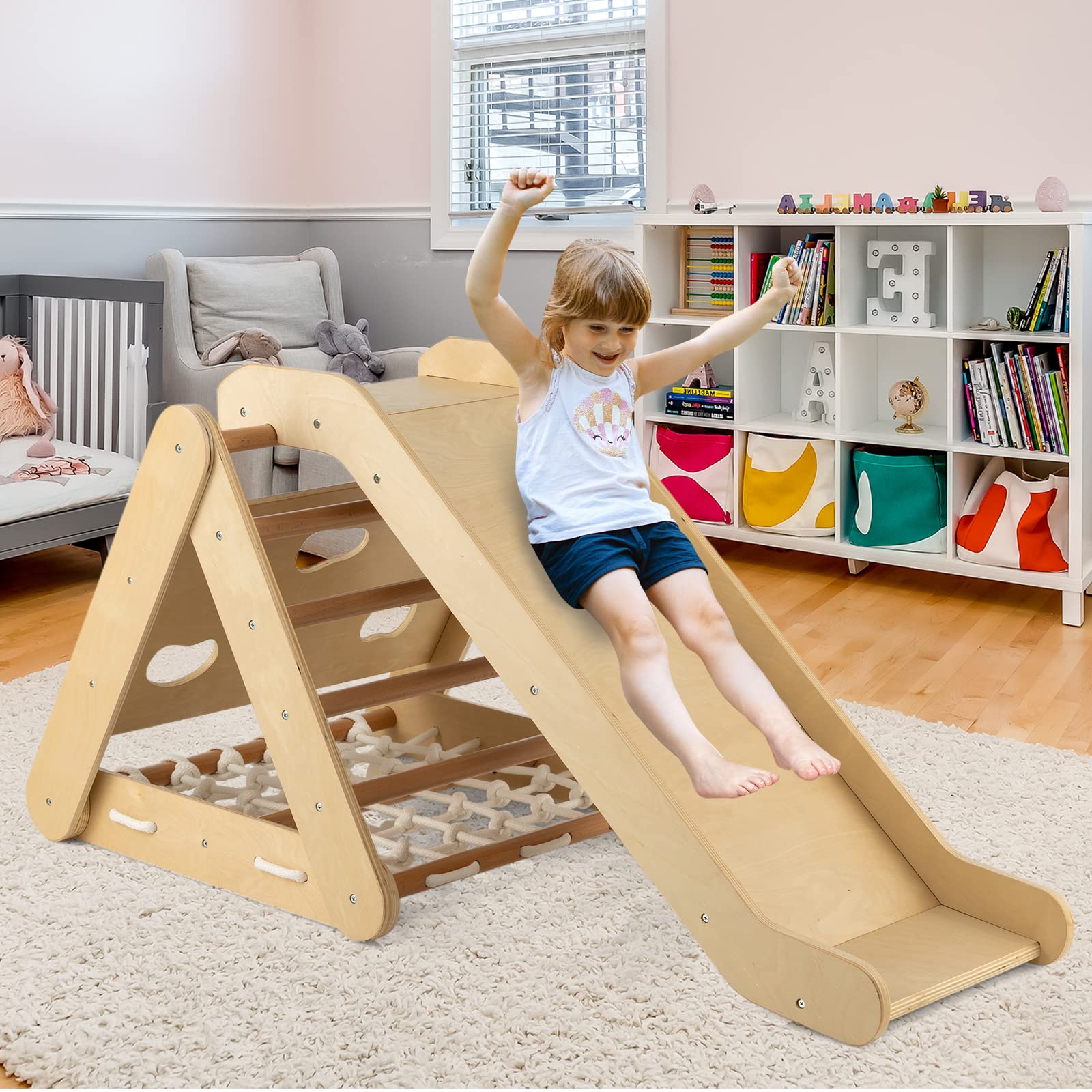 HONEY JOY 4-in-1 Triangle Climber with Ramp, 3-Side Kids Climbing Triangle Ladder with Net Rope & Bars, Wooden Montessori Climbing Toys for Toddlers Daycare, Gym & Playground, Gift for Boys Girls