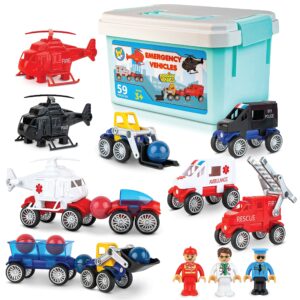 PLAY BRAINY Magnetic Emergency Vehicle Toy Set - 59Pcs Rescue Team & Car Toys for 3+ Year Old Boys & Girls for Safety & Disaster Management - Kids Toy Set with Fire Truck, Ambulance, Helicopter & More