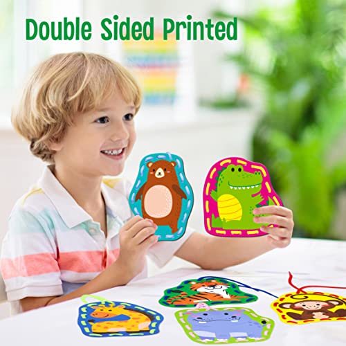 9 Pieces Kids Lacing Cards, Double Sided Sewing Cards in 9 Wild Animals with 9 Colorful Laces, Imagination Development Lacing Toys Games for Children Educational and Learning Activity