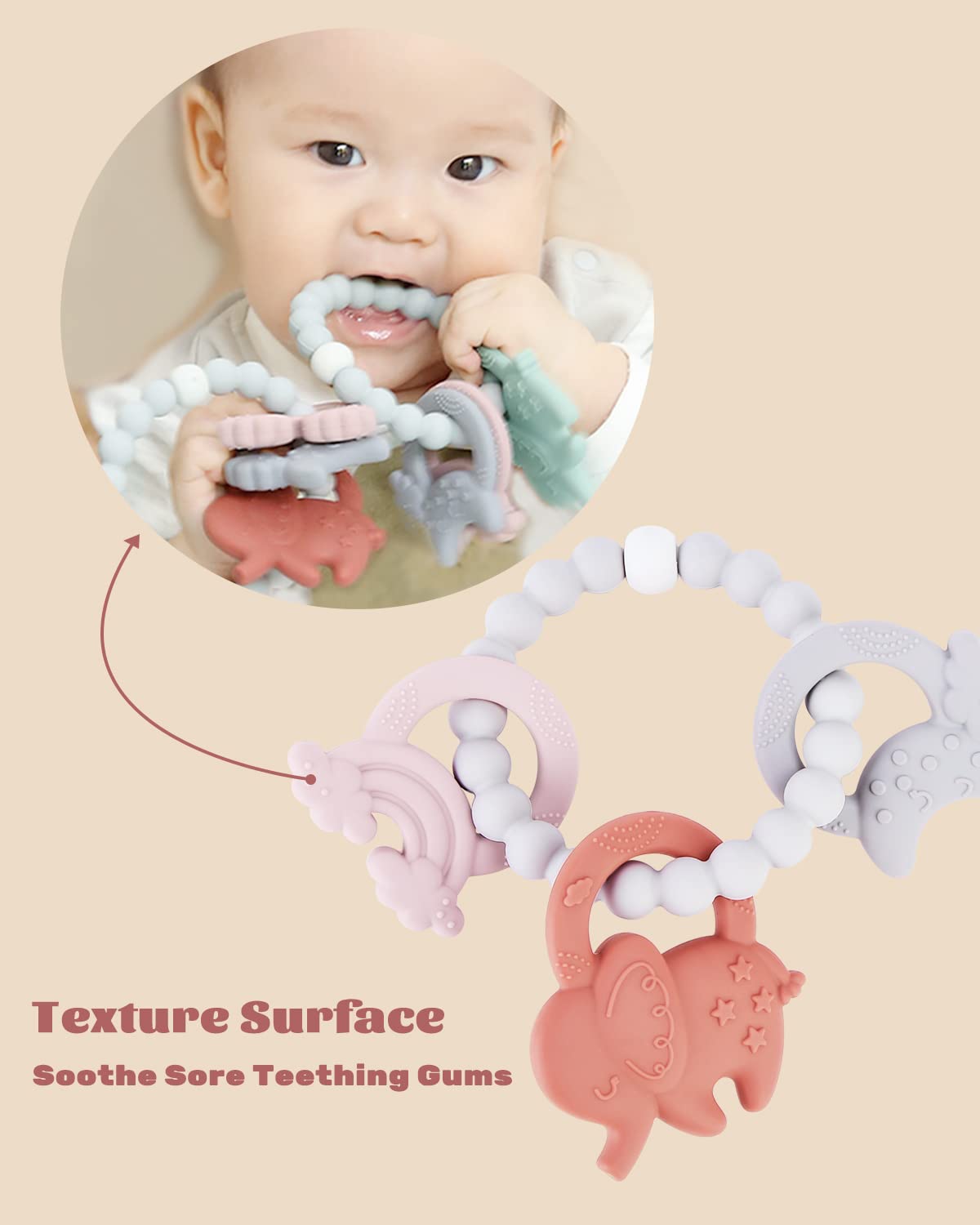 Teething Rings for Babies 0-6 6-12 Months Front and Molar Teething Relief Wearable Teether Bracelet Infant Toddler Chew Toys Ease of Grabbing, Elephant Rainbow Moon Shape, Baby Girl Gifts, BPA Free